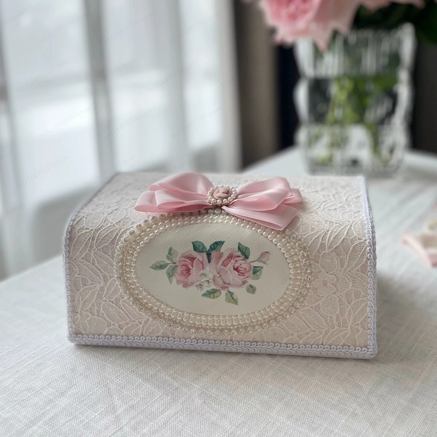 Korean style romantic beige embroidered lace tissue box with elegant pearl bow fabric
