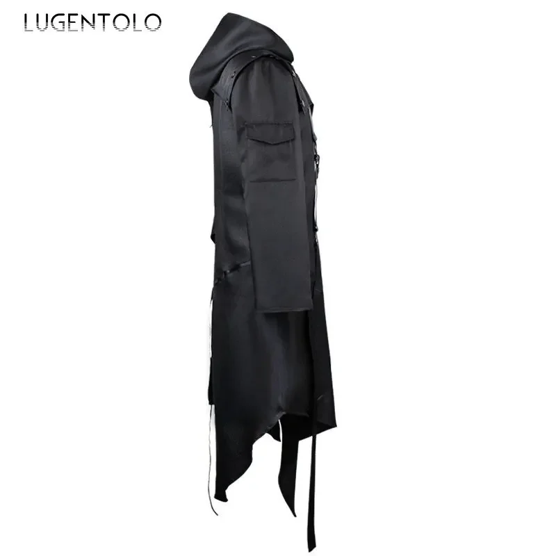 Men Gothic Steampunk Jacket Tailcoat Cosplay Halloween Hooded Assassin Costume Medieval Viking Warrior Zipper Black Coat 5XL