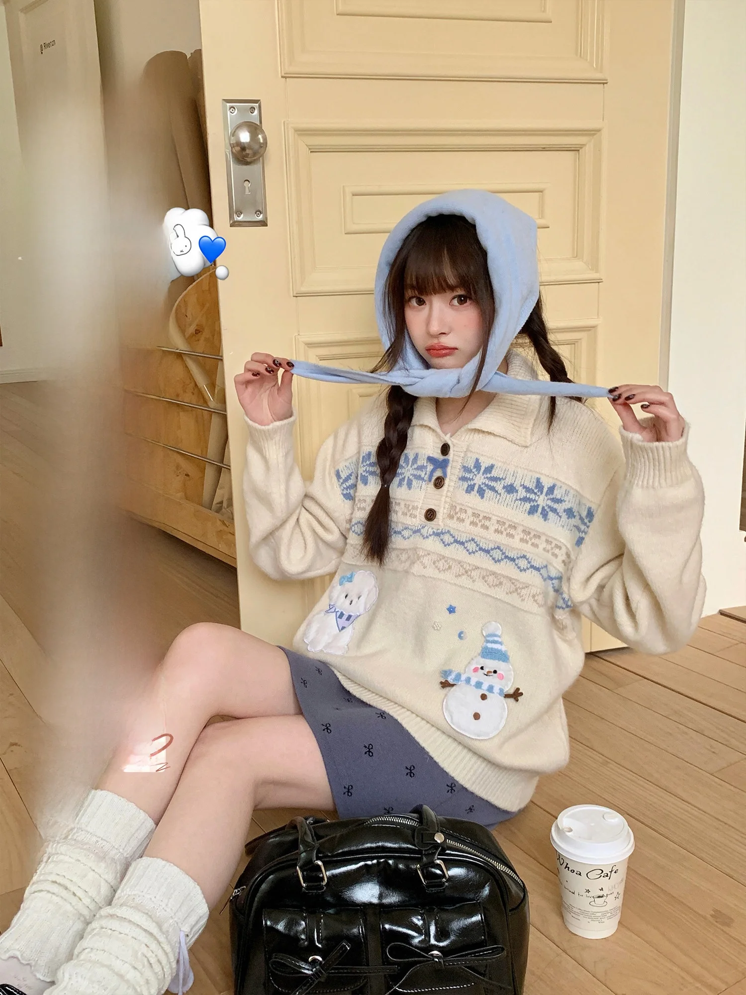 

BibiBency Sweet Sle Fair Isle Snowman Dog Print Knitted Sweater Women's White New Year's Sweater Girl's Long Sve Ne