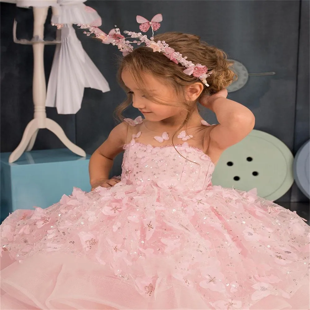 Lovely Pink Butterfly Flower Girl Dress Tulle Puffy Sleeveless Applique Sequins For Wedding Princess First Communion Ball Gowns