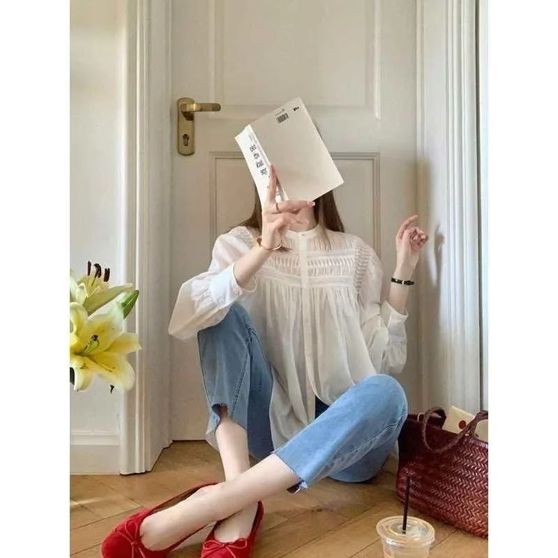 

Французская ретро-блузка из белого хлопка и льна для женщин, летний дизайн, приталенный крой, с пышными рукавами, тонкая, из полиэстера, с длинными рукавами