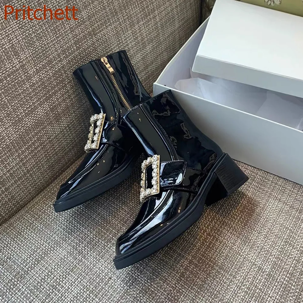 Round Toe Square Heel Women Boots Short Boots Solid Square Diamond Mid Calf Fashion Casual Party Women Shoes 2023 New Arrivals