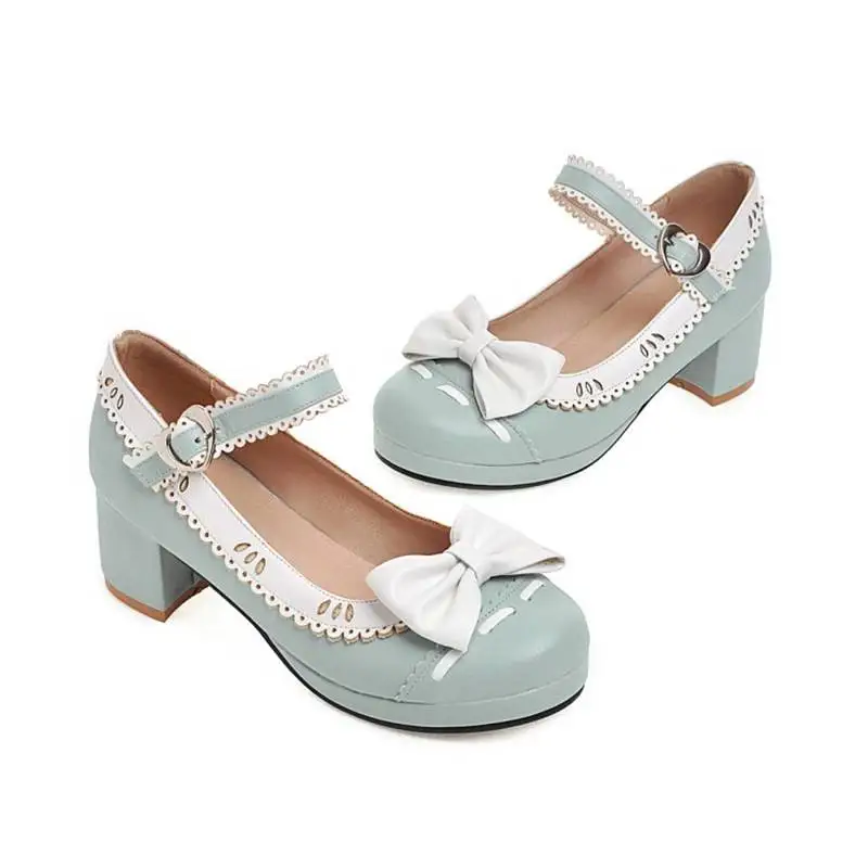 ASILETO Spring Autumn knot pumps Shoes woman Med heels Round toe Bowtie Big size 33-43 sweet ruffle Lolita princess girl shoes