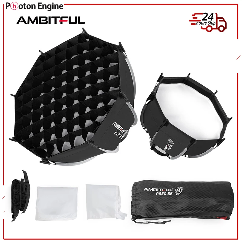 AMBITFUL PS30/PS50 SE 30cm 55cm mini Quickly Release Bowens Mount Octagon Softbox + Honeycomb Grid Outdoor SoftBox for LED Flash