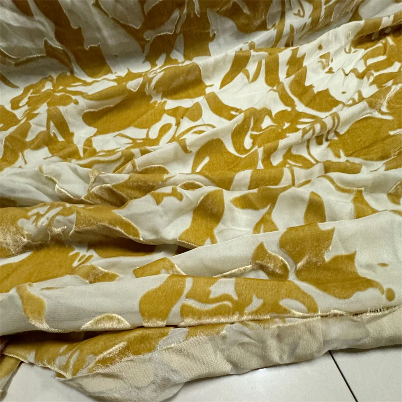 

Yellow Silk Etched-out Velvet Fabric Wide Cotton Slightly Transparent Soft Dress Cheongsam Formal