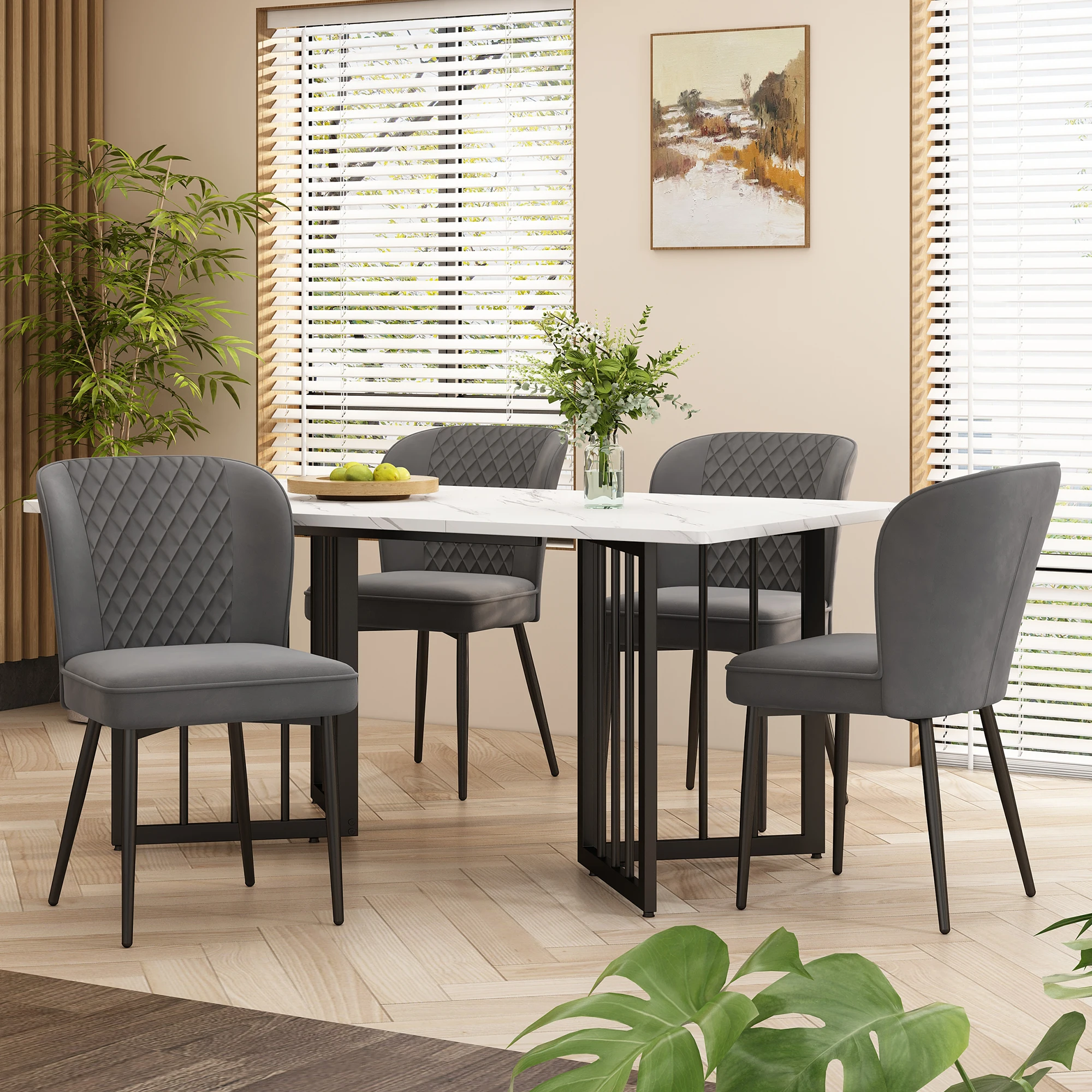 VSOGA Dining Group (Set, 140 × 80 × 75 cm dining table with 4 Chairs) Dark Grey Velvet Dining Chairs, V Shaped Black Table Legs, MDF Tabletop