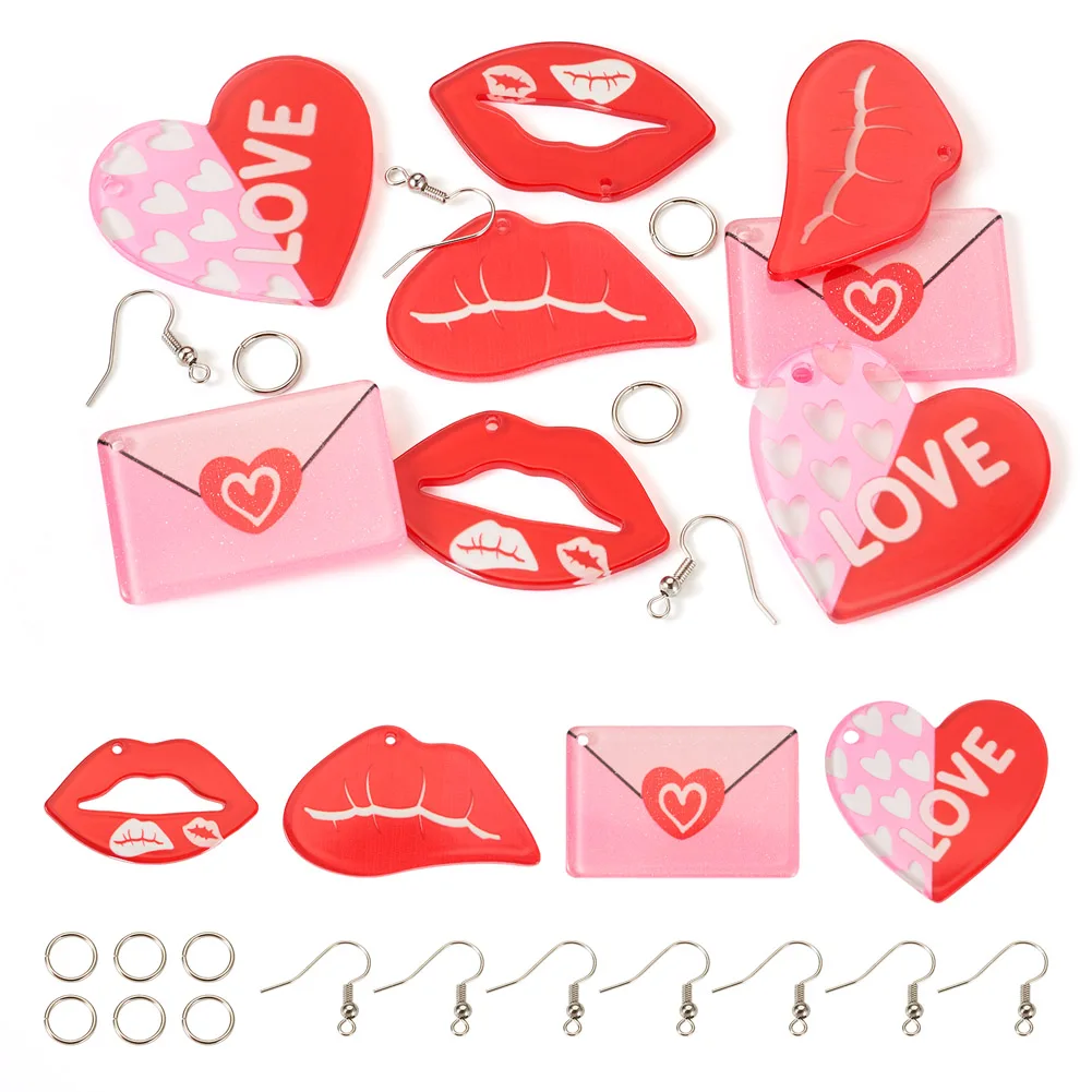 

Love Heart Valentine's Day Acrylic Pendants Red Lips Rose Big Dangle Charms with Jump Rings Earring Hooks DIY Earring Making Kit