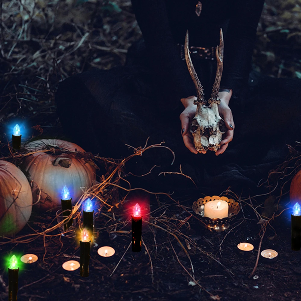 FPOO 10/20/30PCS LED Candles Black Battery Operated Candle Timer Remote Colorful Lighting Decorative Flameless Halloween Candle