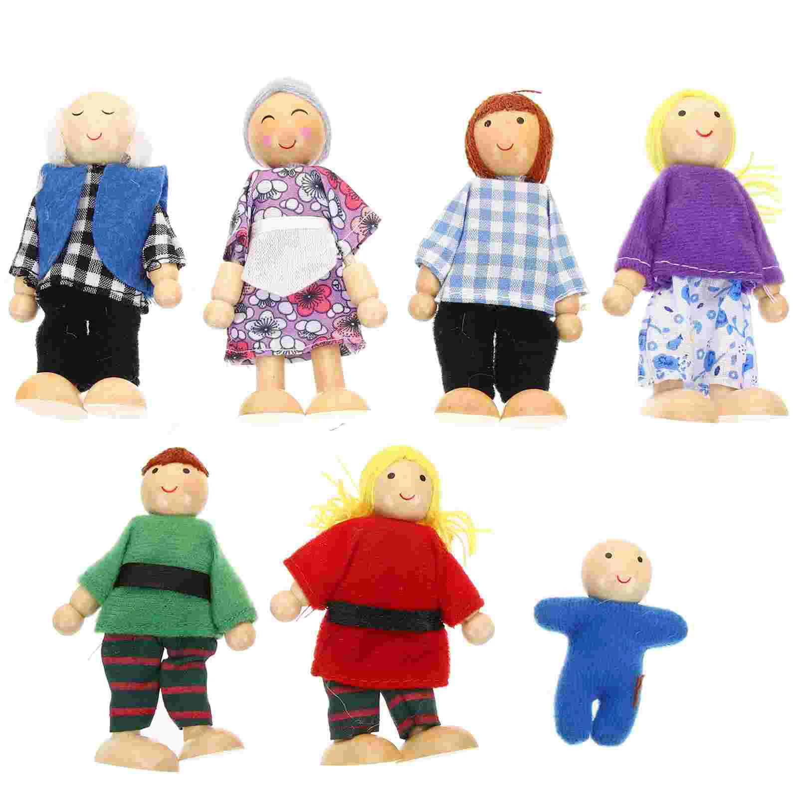 7 Pcs Toy Dolls Mini Figures Kids Wooden Toys Family Play Set Figurines Tiny People Plaything Accessories Toddler