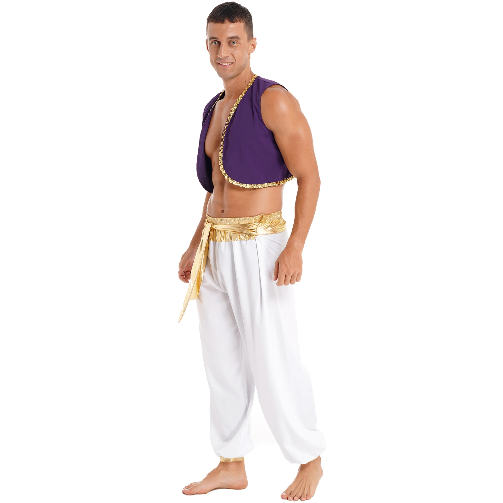 Mens Halloween Arabian Prince Costume mitico Aladin Party Cosplay Fancy Dress Outfit paillettes Trim gilet con pantaloni con cintura
