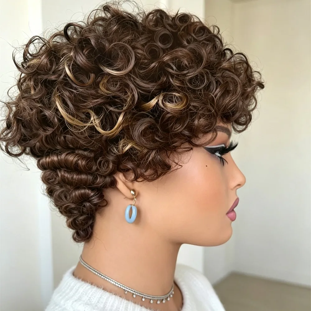 pixie curly human hair wigs machine made human hair wig 6inch short curly hair wig 427 wig