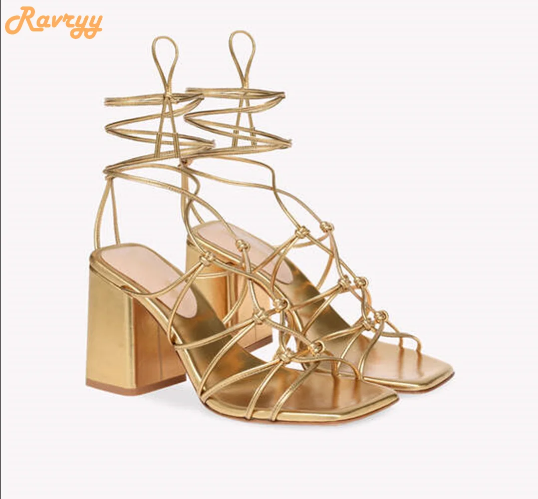 Gold Lace Up Chunky Heel Sandals Square Toe Ankle Wrap Women Fashion Sandals Narrow Band Open Toe Gladiator Sandals