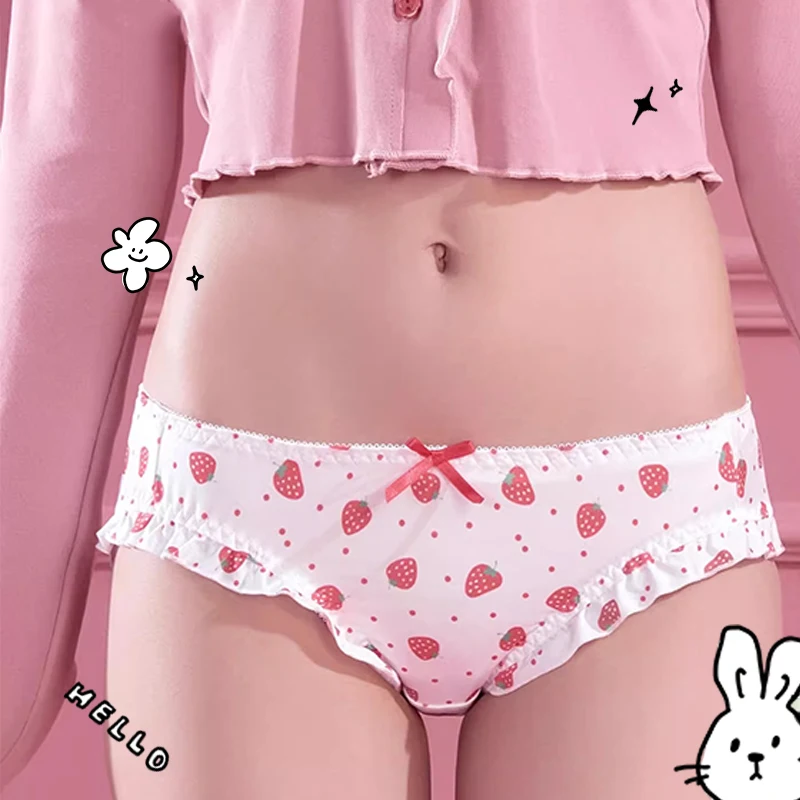 Cute Kawaii Strawberry Milkshake Girl Panties Ladies Briefs Women Underwear Pink Bear Bow-Tied Tanga Pure Cotton Comfort Student