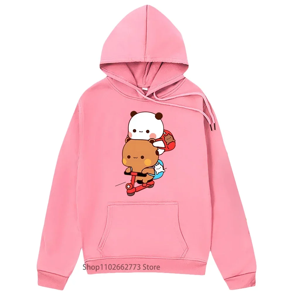 Panda and Brownie Bear Couple Bike Riding Hoodie Bubu and Dudu Print Kawaii Cute Women Long Sleeve Winter Plus Size Swaetshirt