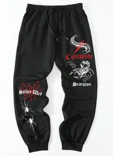 

night streetwear loose sports pants men black spider scorpion pattern summer casual joggers