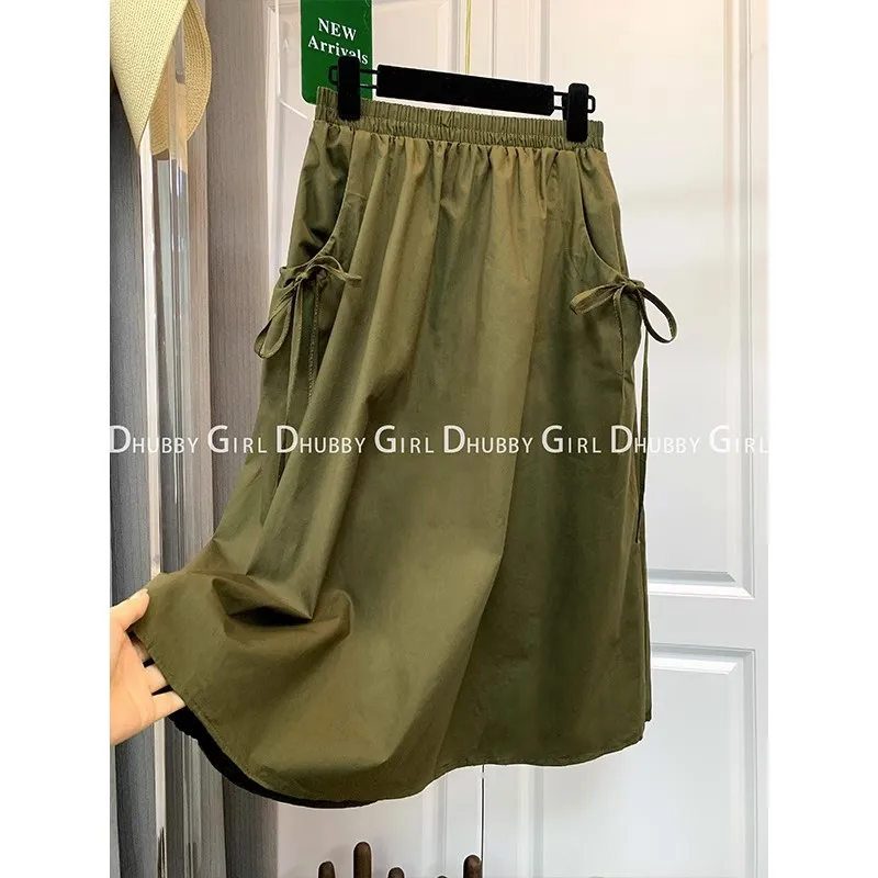 Summer Army Creen Skirts Womens 2023 New Vintage Skirt Elastic Casual Midi Skirt Women Clothes Jupe