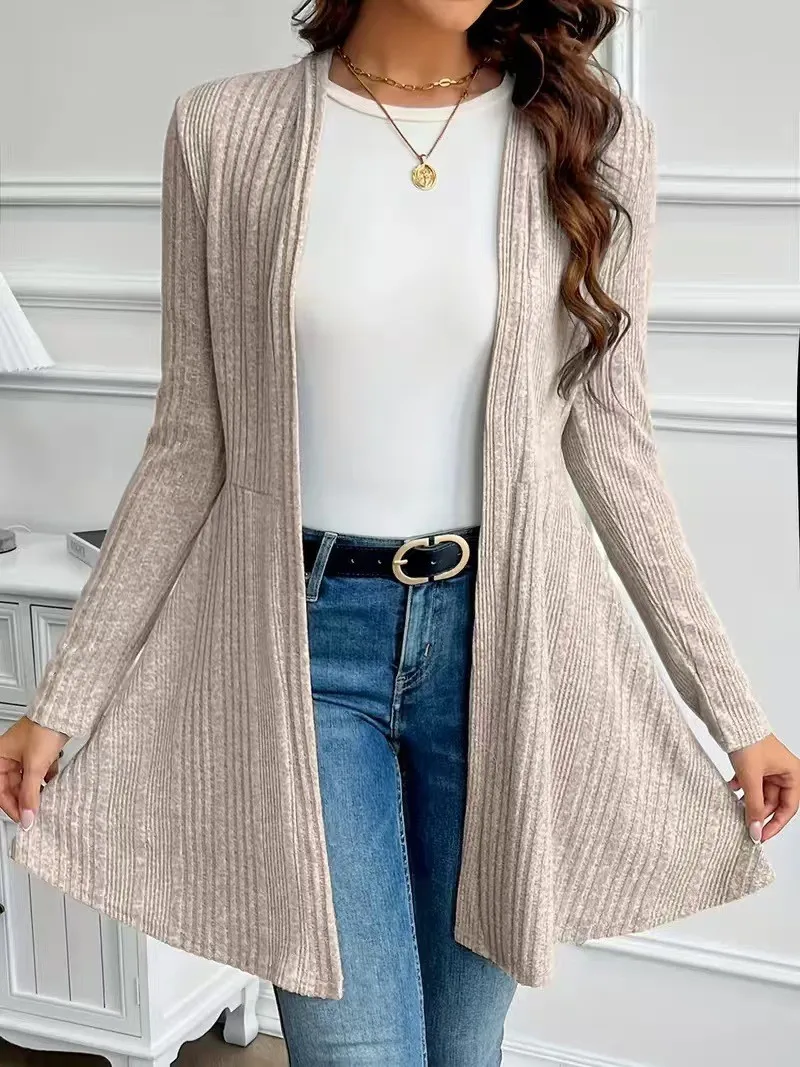Fall Winter Women Open Front Cardigan Long Sleeve Ribbed Texture Mid‑Long A‑Line Sweater Jacket Casual Daily Loose Knit Outer Co