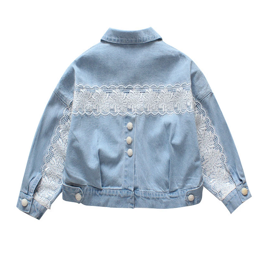 Girls Denim Coat with Lace Lapel Light Blut Kids Cowboy Jacket Pearl Button Pockets Princess Dress Outfits Children's Jean Coat