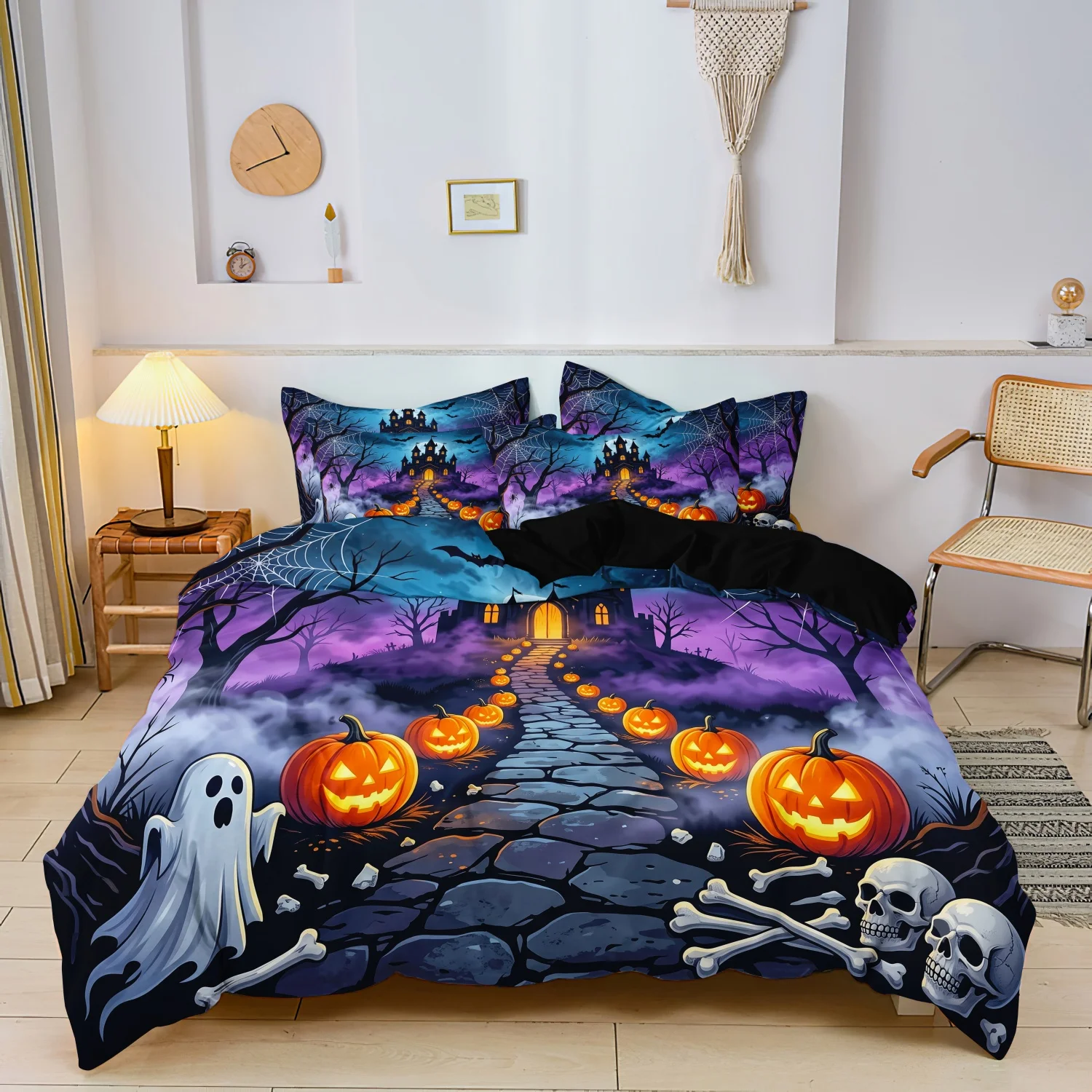  3 Pieces Spooky Halloween Haunted Castle Print Duvet Covet Set, Scary Ghost Lantern Pumpkin Skull Night Scene Pattern Bedding