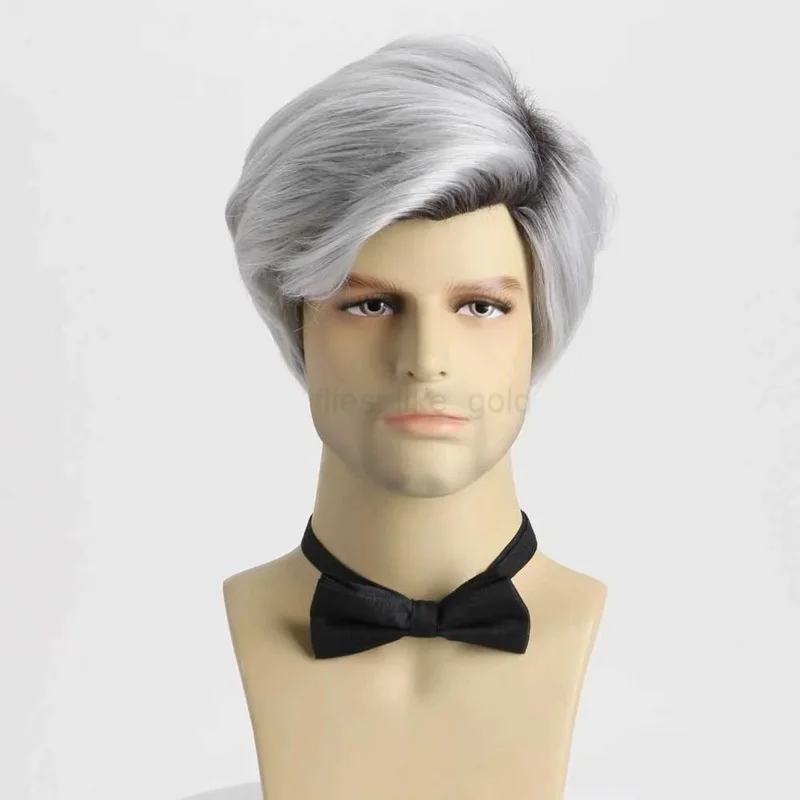 

10 inch natural synthetic curly short wave gray wig made of heat-resistant fiber for mens hair used for Halloween costume partie