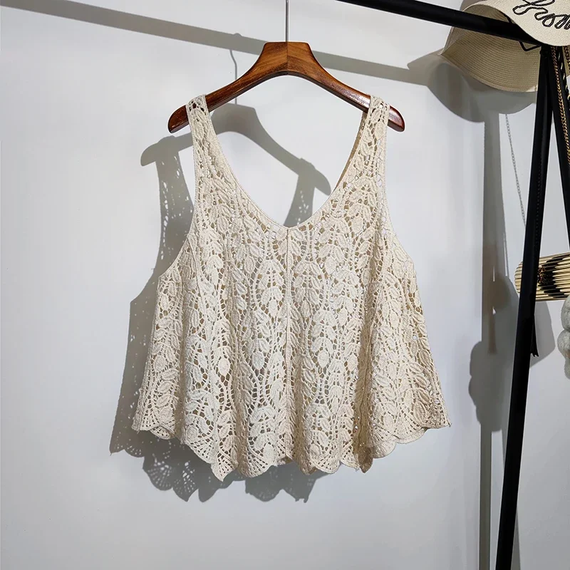 2024 Boho Crochet Tank Top for Women Embroidery Floral Open-knit Sleeveless Crop Top Knitwear Vacation Bohemian Summer Outfit