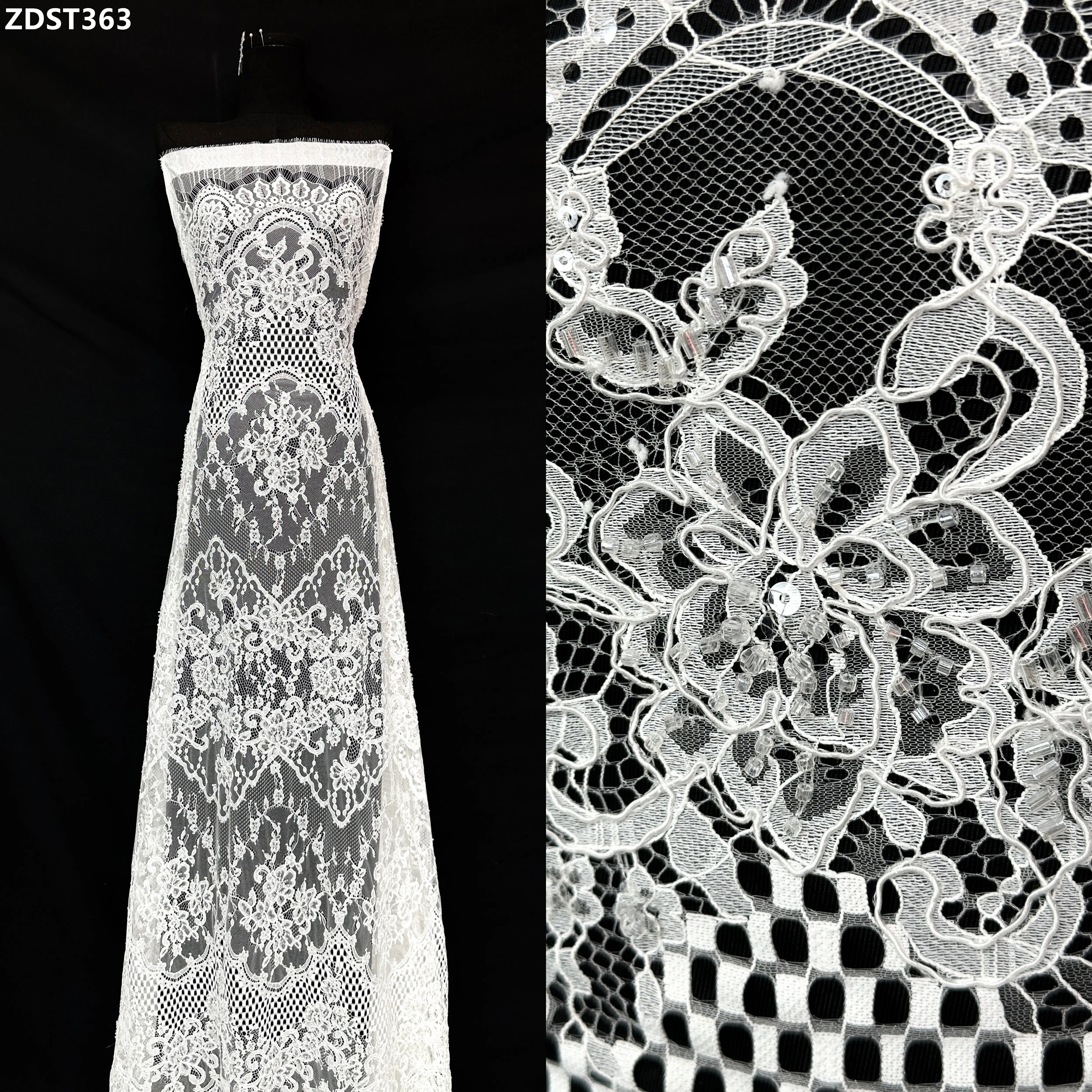 

European Classic Nigerian French Style Bridal Lace Heavy Beads Mesh French Lace Fabric High Quality Bridal Net with Sequins