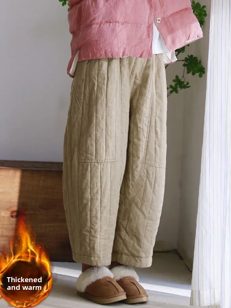

Thiened Cotton Pants Women's Autumn Winter Warm Loose Casual Outerwear Vertical Stitching Cotton Trousers Lantern Pants