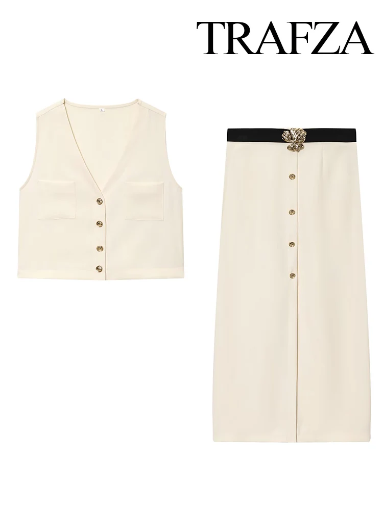 

TRAZAF Women New Fashion Solid Pockets Single-breasted Vest Sleeveless Vest Top+Elegant Belted Hem Slit Zipper Casual Skirt Suit