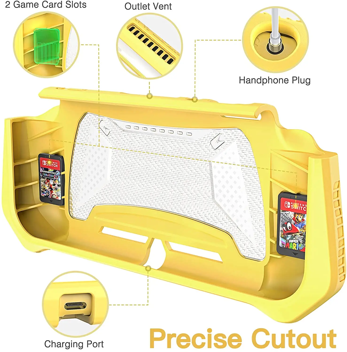 Capa protetora heystop para nintendo switch lite com armazenamento de cartão de jogo, protetor de tela de vidro temperado e 6 aperto de polegar