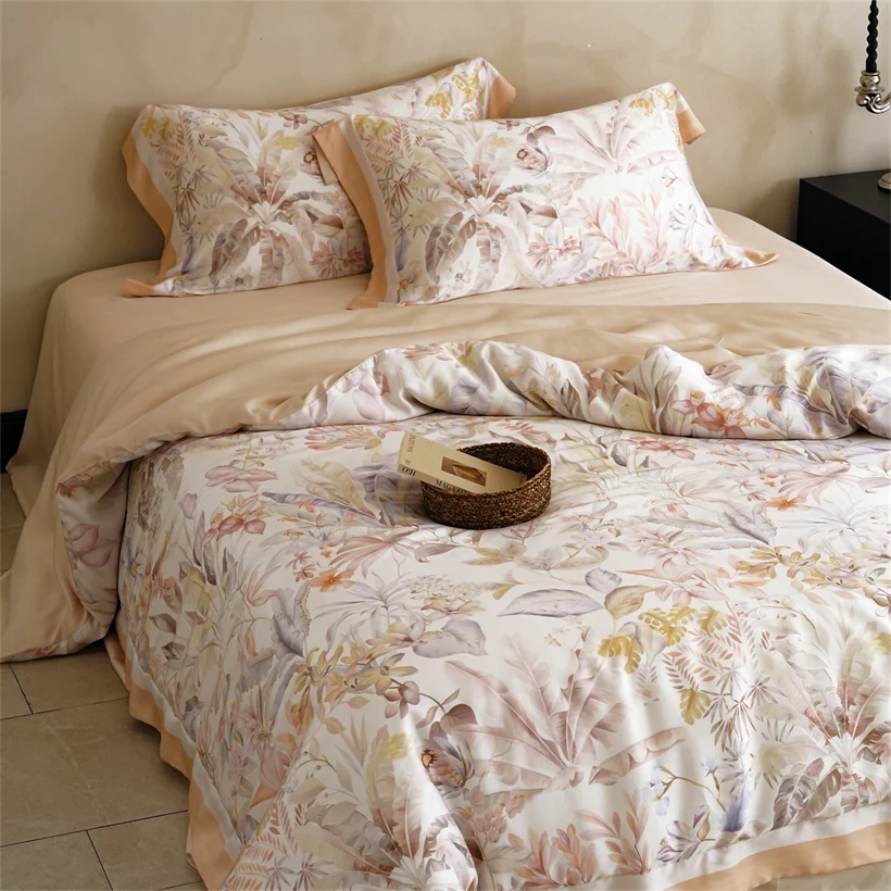 Pure Mulberry Silk Bedding Set Elegant Foral Print Duvet Cover Bed Sheet Smooth Bed Linen Luxury Silk Double Queen King Size