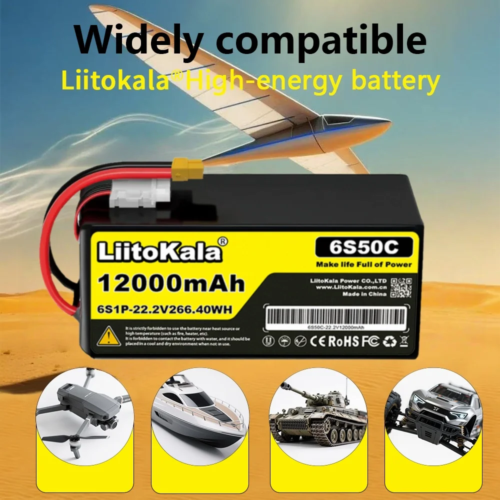LiitoKala 6S 22.2V 12000mAh Drone Batteria ai polimeri di litio 50C Scarica adatta per modello di elicottero Batteria ad alta velocità