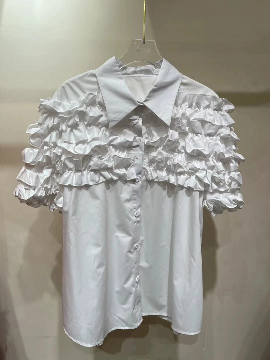 GALCAUR Solid Spliced Fungus Folds Elegant Shirts for Women Lapel Short Sleeves Patchwork Single Breasted Shirt Female Style New