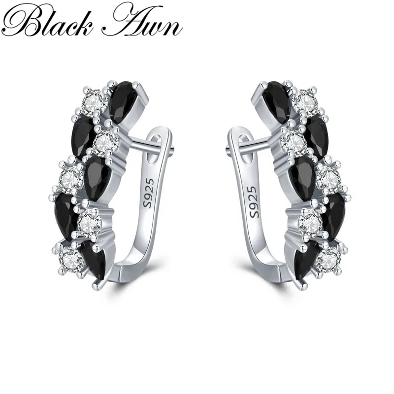 Czarne kolczyki sztyfty z czarnym spinelikiem w kolorze srebrnym, model Black Awn 2026 Classic, urocza biżuteria damska, Bijoux Femme Boucles d'oreilles I228
