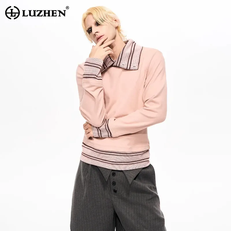 

LUZHEN 2025 Winter New Original Fake Two Piece Design Stripe Printed Splicing Design Knitted Pullover Men's Women Sweater JY5191