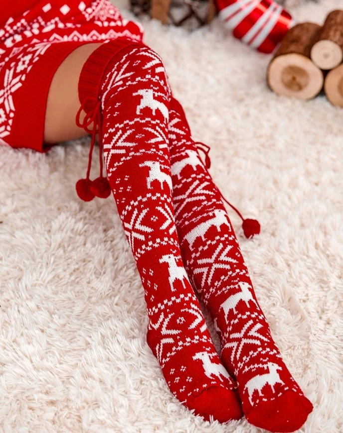 1Pair Christmas Snowflake Pom Pom Knee Length Socks