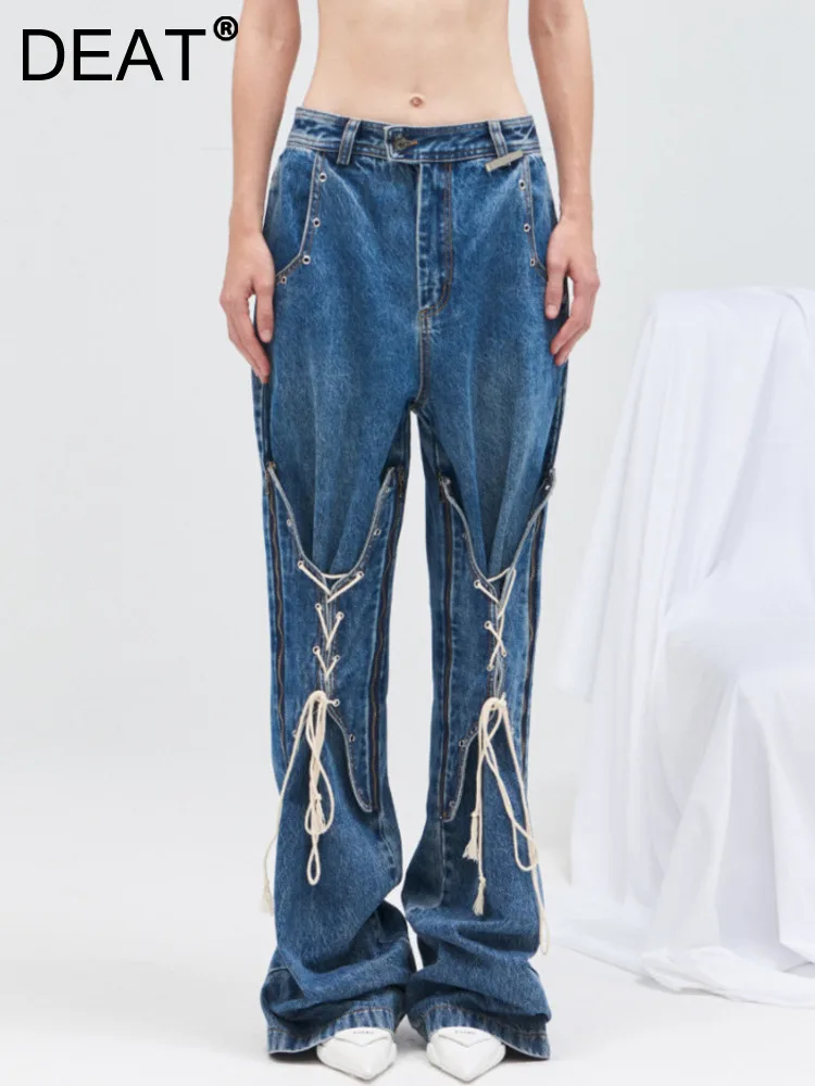 

DEAT Fashion Women's Jeans High Waist Zipper Patchwork Lace-up Cotton Designer Full-length Flare Trouser Autumn 2024 New 7Z250