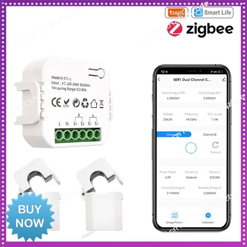 Hot Ltem Zigbee Wifi Energy Meter Bidirectional With Clamp Current Sensor Tuya Smart App Monitor Power 80A 240V, 2 Channels 2CT