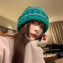 2022 Y2K Crochet Beanie Hat Ins Little Devil Striped Knitted Wool Cap Autumn Winter Cat Ears Pointed Pullover Women's Party Caps