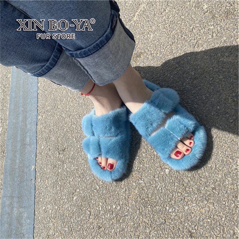 Fur Slippers High Quropean Luxury Resory Fashion 100% Mink Leather Slippers Ladies Fur Shoes Flat Slippers