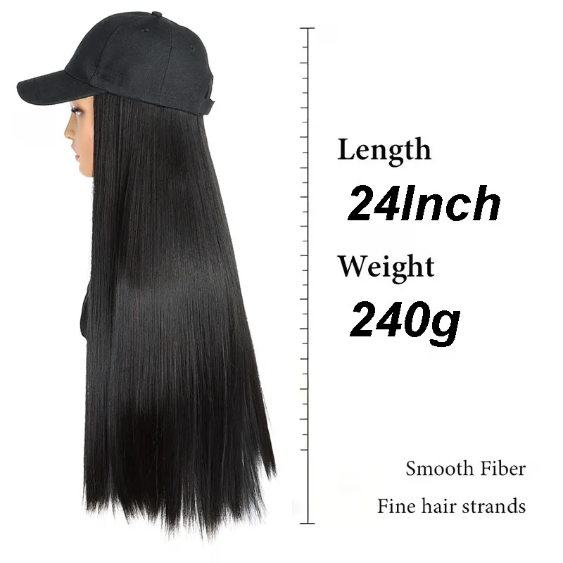 24Inch Synthetic Long Straight Hat Wig Black Baseball Adjustable Cap Hairpiece for Women Daily Outdoor Casual Hairstyle