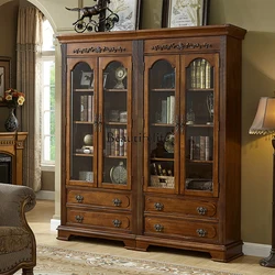 American-Style Solid Wood Household Bookcase Double-Door Storage Combination European-Style Glass Door Display Cabinet