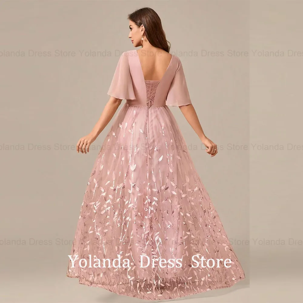 

Yolanda Customized 2026 Mother of Bride Dresses for Wedding Leaf Sequin Formal Tulle Chiffon V Neck Low-cut Evening Gowns Dress