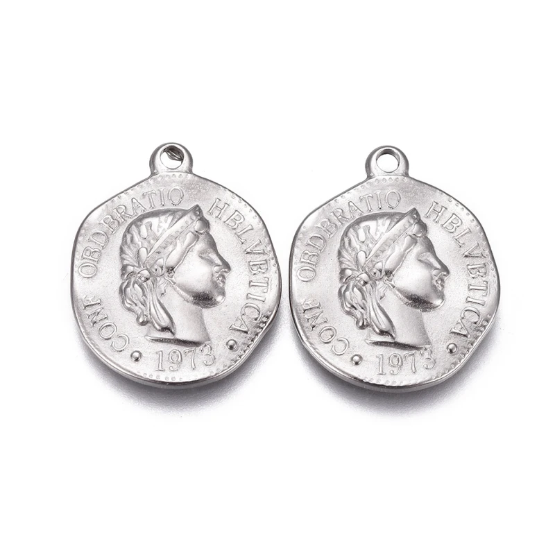 Dijes de monedas de acero inoxidable 304, Color Helvetica, 21x17x2mm, agujero: 1,6mm, 2 unidades