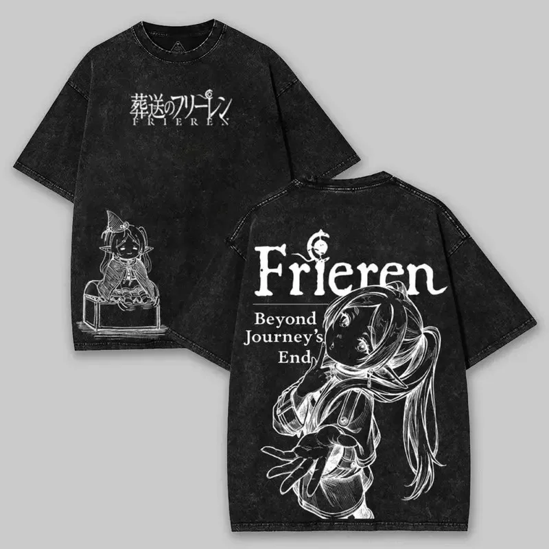 Trendy Anime Frieren Beyond Journey's End T-shirt Men's Unisex Clothing Washed Oversized T Shirt High Quality Cotton Tees Tops
