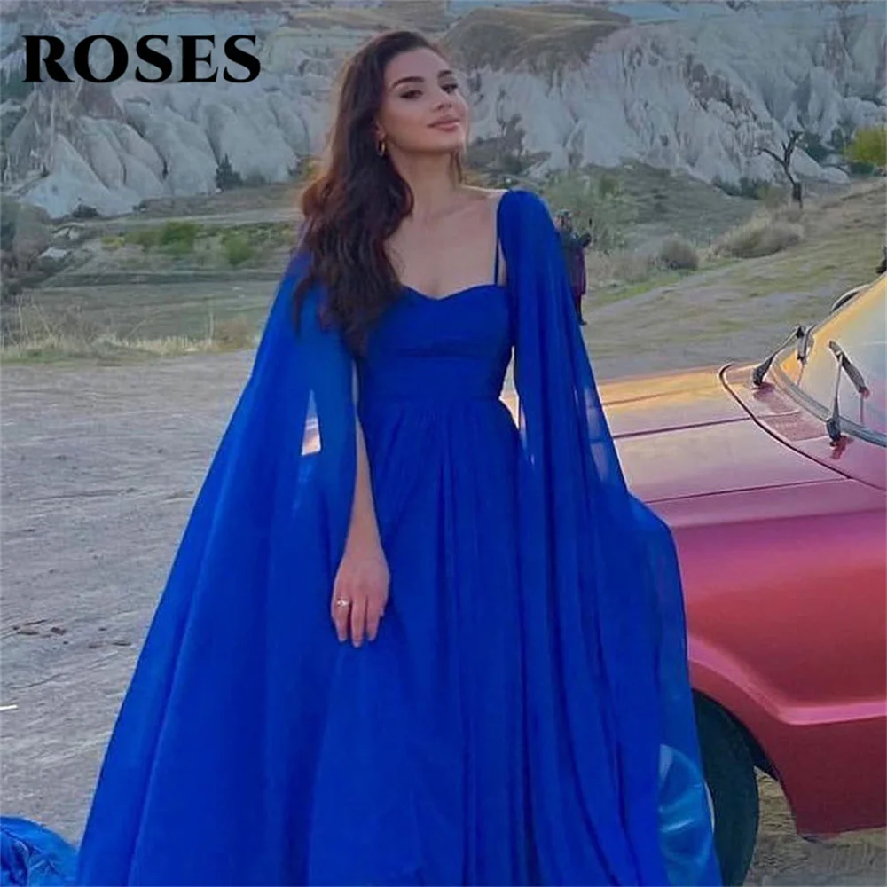 

ROSES Blue Prom Dress Sweetheart A-Line Satin Evening Dress Pleats Bodice Party Dress Regular Sleeve Waist Cross Robe De Soirée