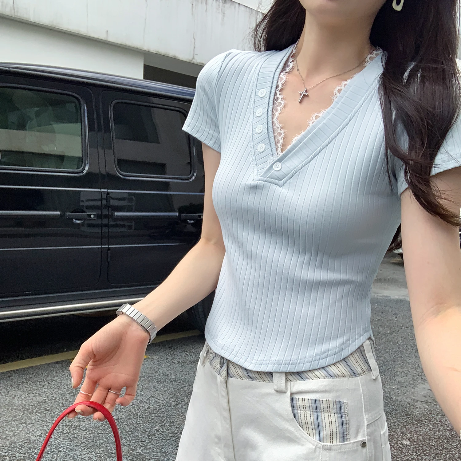 

Summer Elegant Knitted Lace Patchwork Women's T-shirts 2025 New Solid Bottom Short Sleeve Casual Short Shirts Slim Tops Female