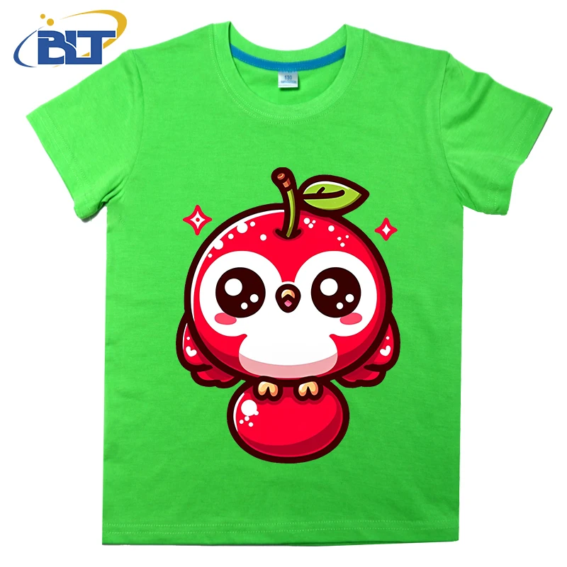 Camiseta con estampado Kawaii de cereza y búho para niños, top informal de manga corta de algodón puro de verano, adecuado para niños y niñas