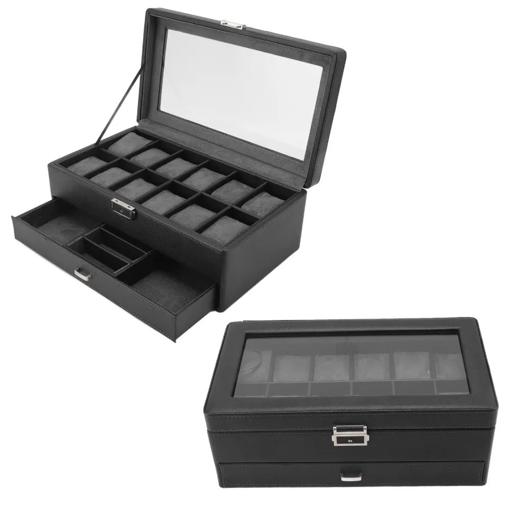 Soft Black Watch Box Organizer PU Leather 33.5*19.5*12.5cm Watch Display Case Watch Case for Women