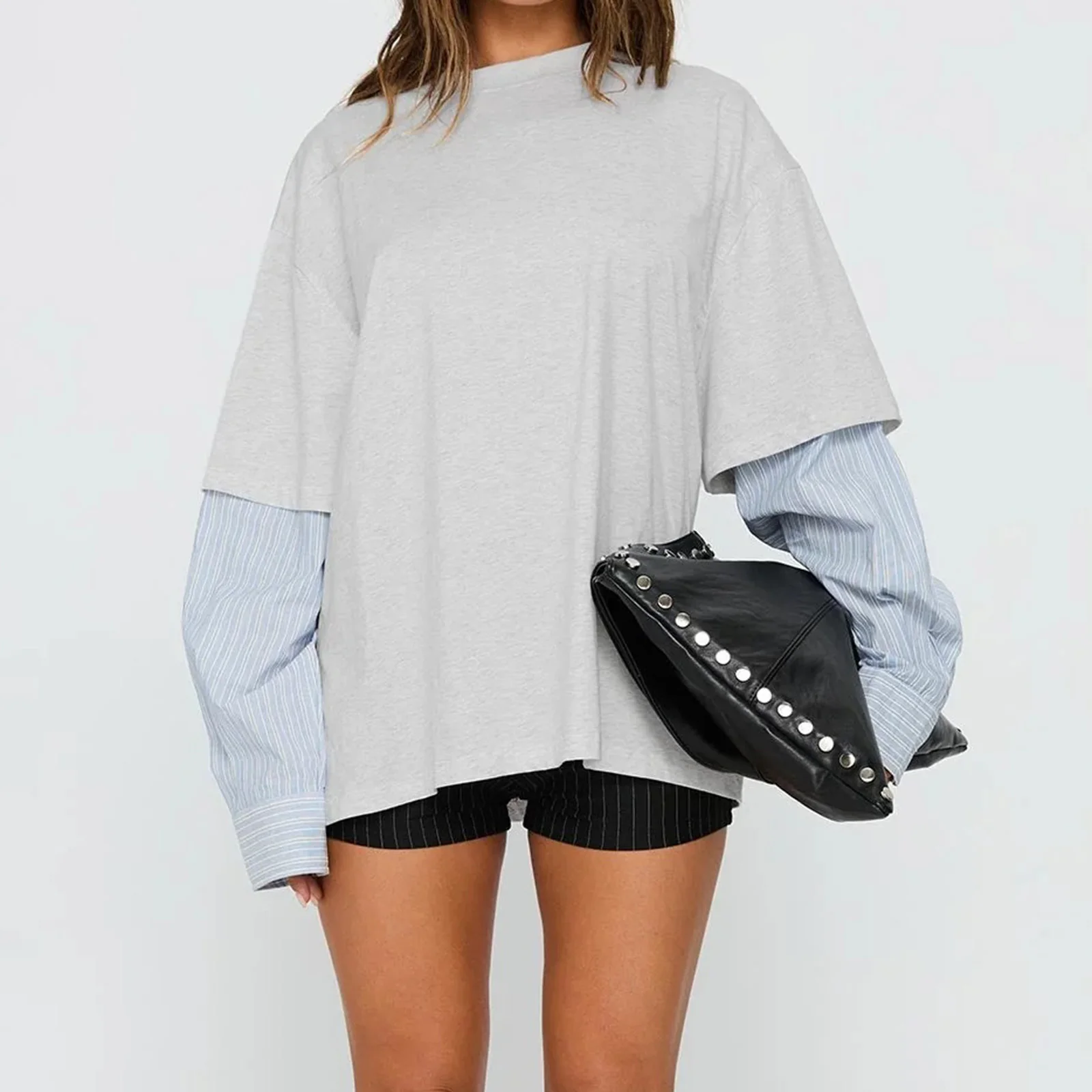 Mulheres falsas camisetas de duas peças soltas contraste listrado manga longa topos para uso diário atividade ao ar livre streetwear