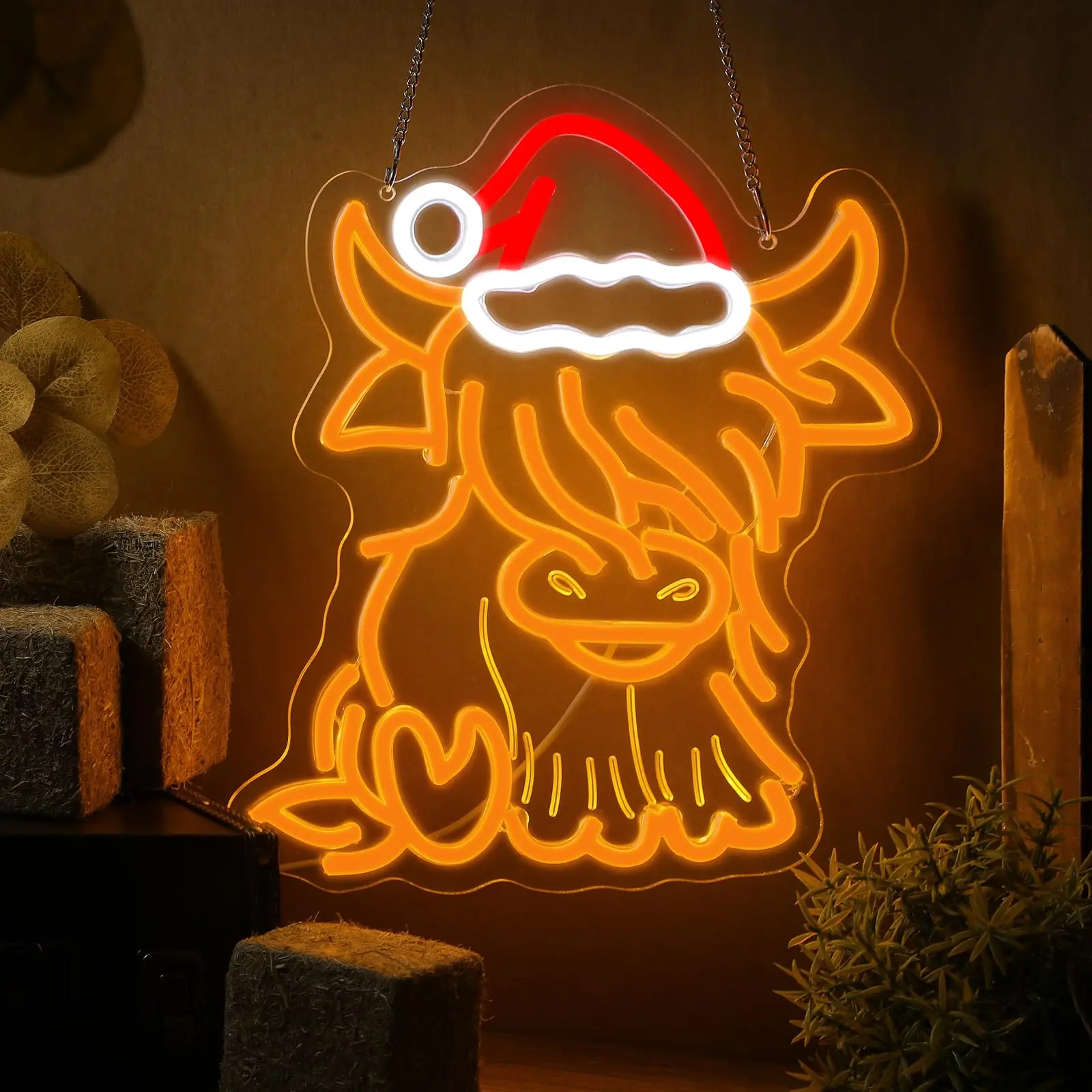 ハイランドカウ-led-ネオンサイン-壁飾り-クリスマス-カウデコレーション-ウィンドウライトアップ-調光可能-寝室-リビングルーム-ホリデーパーティー用